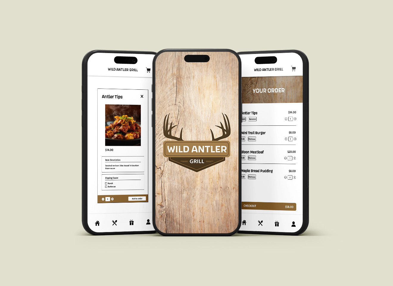 Mobile app interface design for Wild Antler Grill showing the menu and ordering screens.