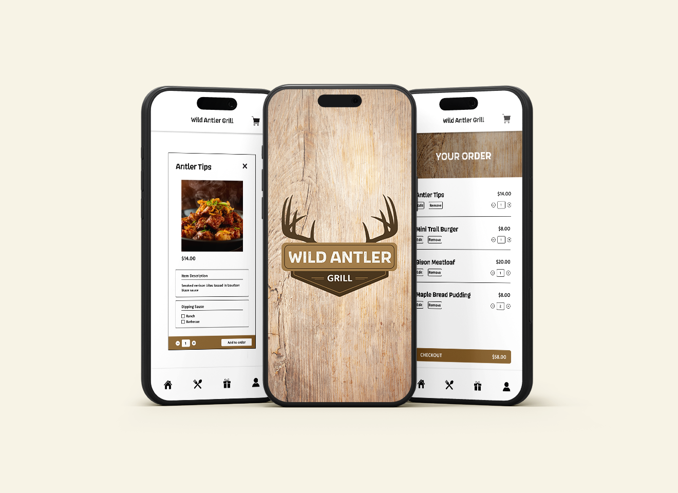 Mobile app interface design for Wild Antler Grill showing the menu and ordering screens.