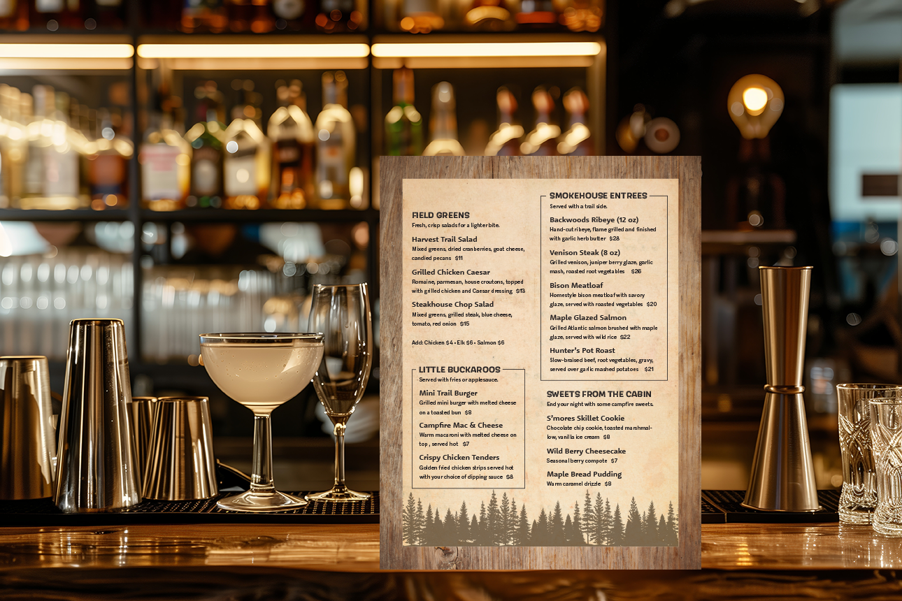 Back of the Wild Antler Grill menu featuring a clean layout and natural wood background.
