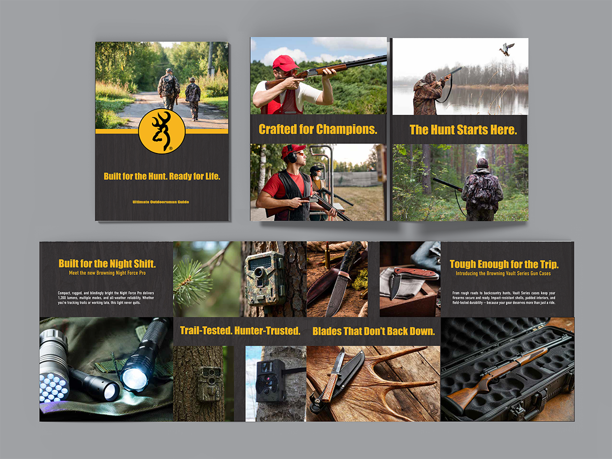 Browning brand product guide designed as a tactile gatefold brochure with high-quality wildlife photography.