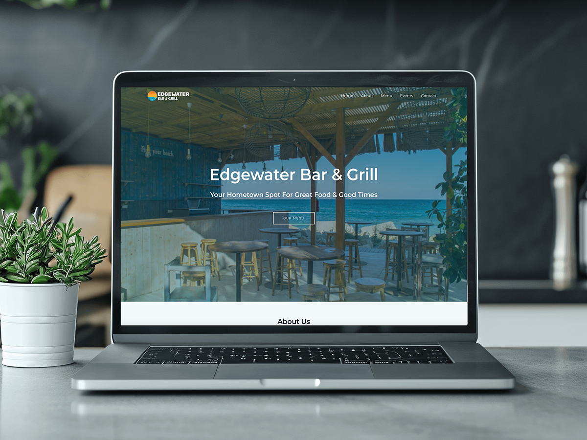 A modern, high-performance WordPress website design for Edgewater restaurant shown on a desktop screen.