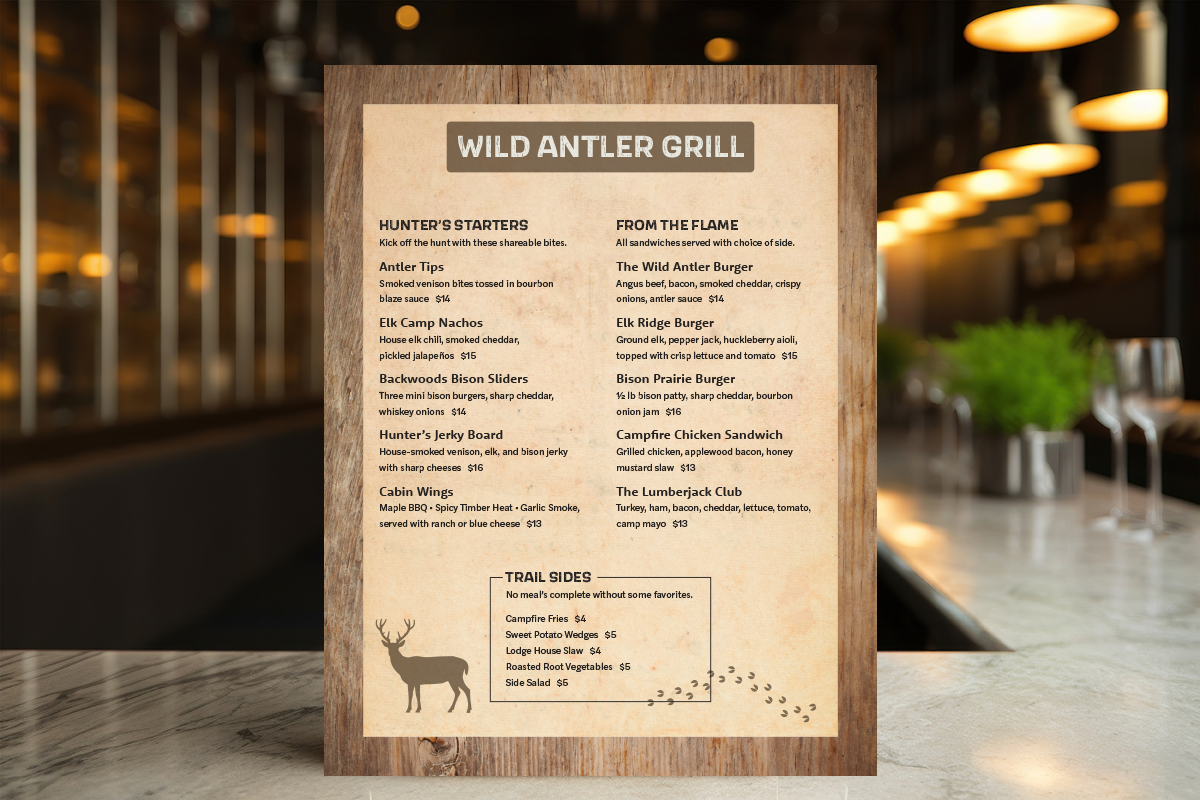 Front of the Wild Antler Grill menu featuring a clean layout and natural wood background.