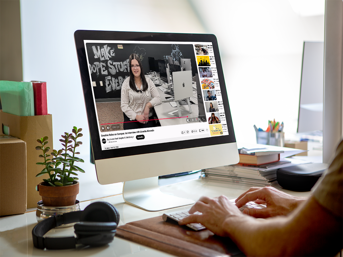 YouTube video interview layout showing a professional video production setup with custom graphic overlays.