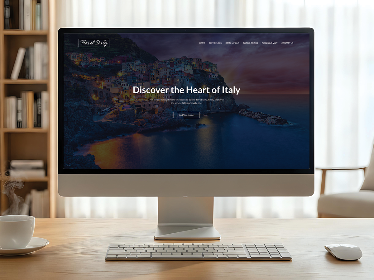 Responsive website design for 'Travel Italy' displayed on a sleek laptop screen mockup.