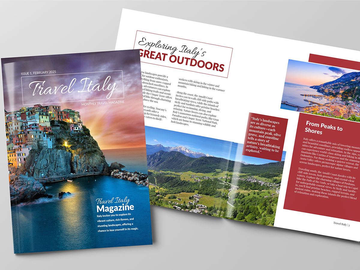 A 12-page editorial magazine layout about Italy, shown as a physical printed mockup with clean typography.